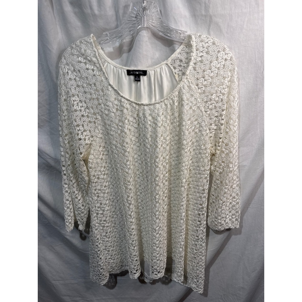 Notations Womens White Lace Floral Crochet 3/4 Sleeve Blouse Top XL